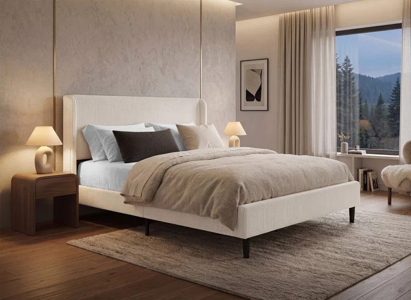 Cama doble en pana gruesa color beige 140x190cm LEVY