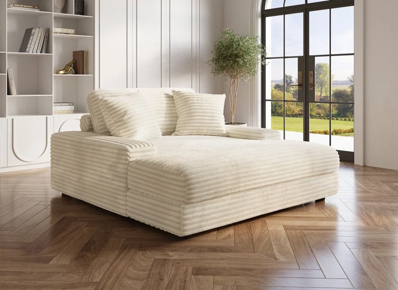 Sofá chaise longue recto de 1 plaza DAHO en tejido acanalado beige suave