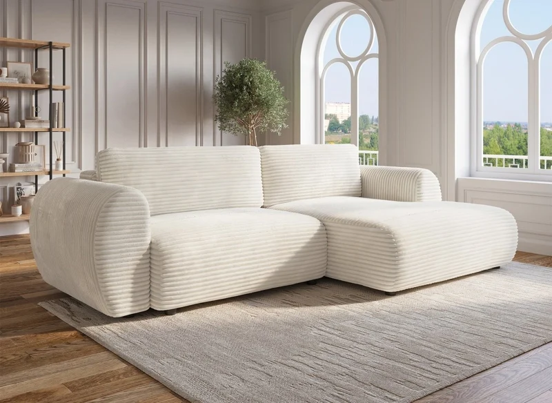 Sofá esquinero convertible TILDA con almacenaje en suave terciopelo de pana beige - Esquinero derecho