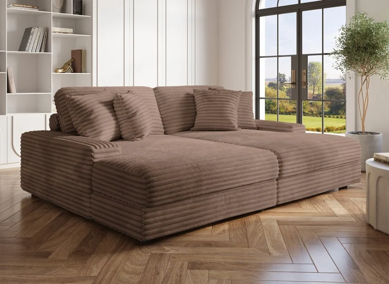 Sofá chaise longue recto de 2 plazas DAHO en tejido acanalado color topo suave
