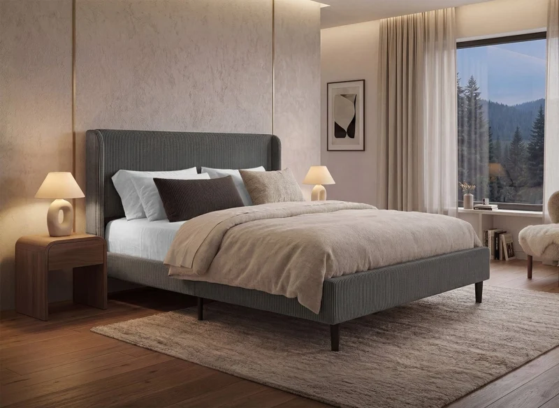 Cama doble LEVY de pana gruesa gris oscuro, 140x190 cm