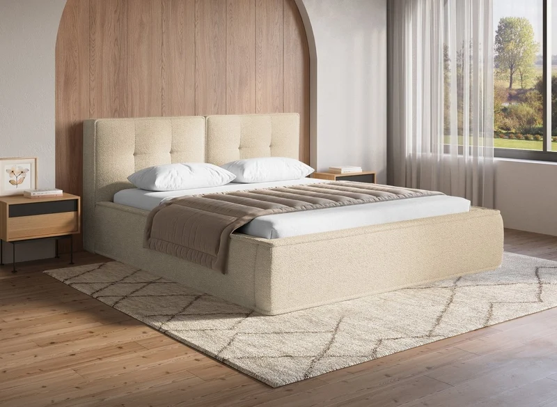 Cama doble YUNA en tejido bouclé beige, 180x200 cm