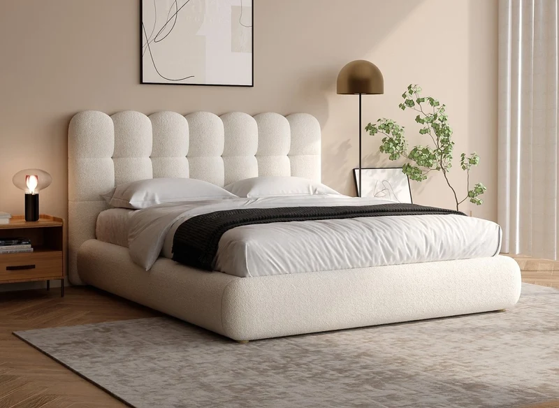 Cama doble de tejido bouclé beige 140x190cm BISCUIT