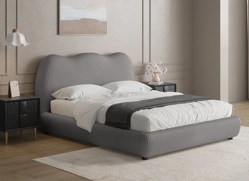 Cama doble SARA en pana gris gruesa de 160x200 cm