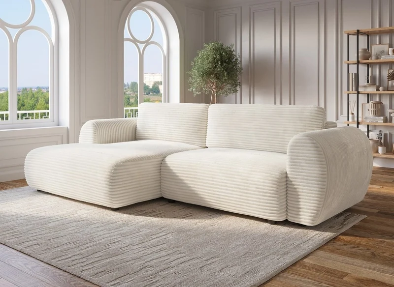 Sofá cama esquinero TILDA con almacenaje en suave pana beige - Esquina izquierda