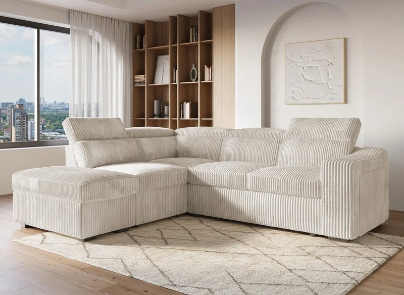 Sofá cama esquinero MARTY con almacenaje en terciopelo de pana beige - Esquina izquierda