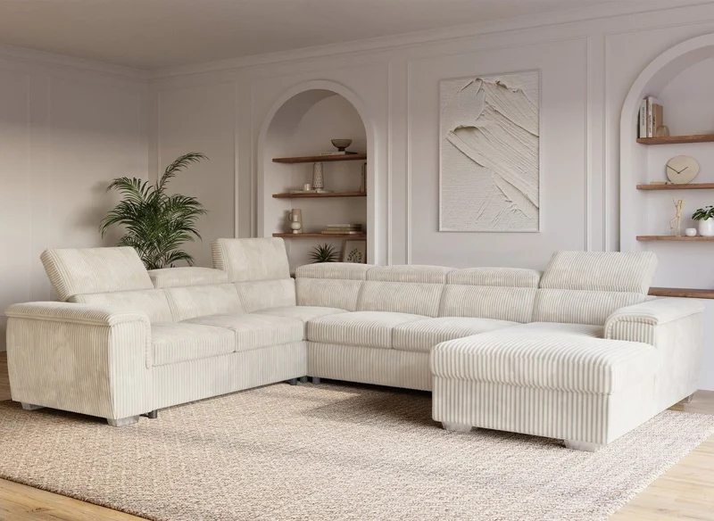 Sofá cama panorámico convertible GAELLE con almacenaje en pana gruesa color beige - Esquina derecha
