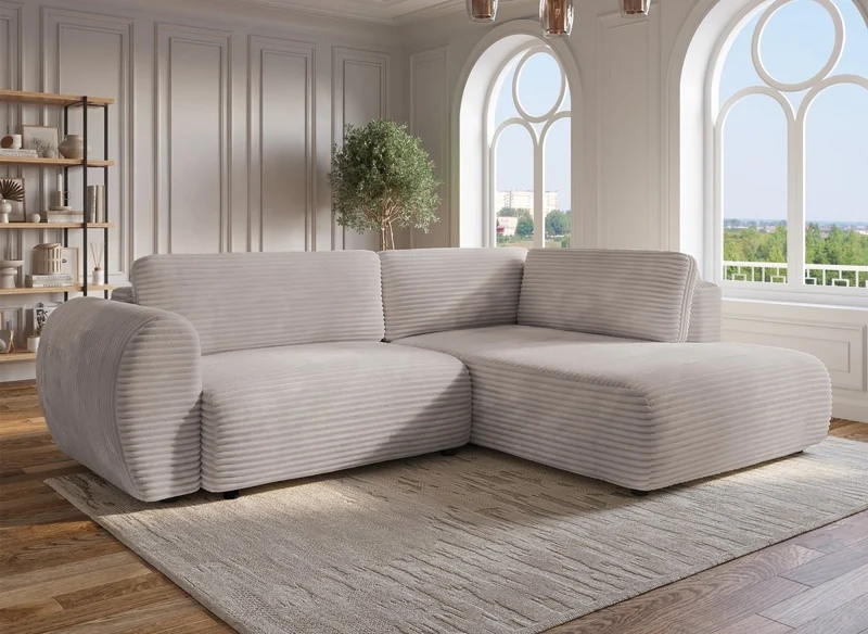 Sofá cama esquinero TILDA con chaise longue y almacenaje en suave color topo acanalado - Esquina derecha