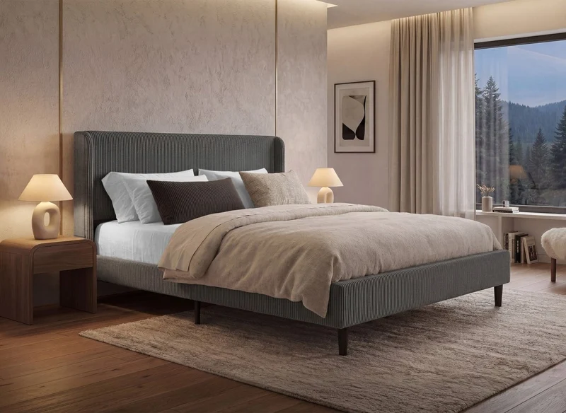 Cama doble LEVY de pana gruesa gris oscuro, 160x200 cm