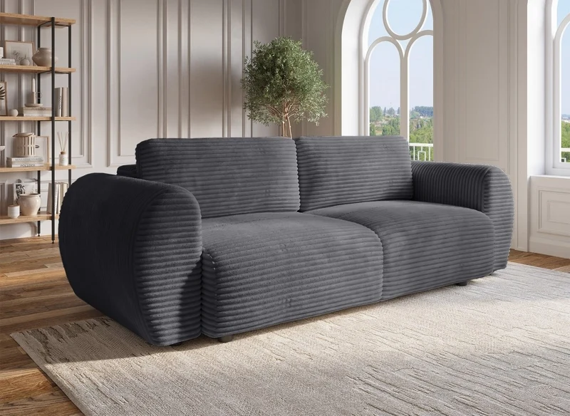 Sofá convertible TILDA de 3 plazas con almacenaje en tejido acanalado gris suave.