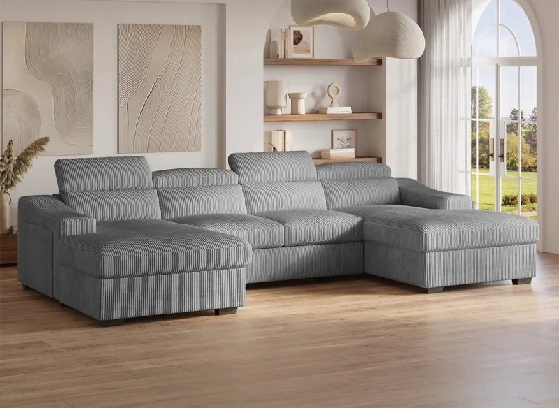 Sofá panorámico convertible VELORA con 2 compartimentos de almacenamiento en pana gris gruesa