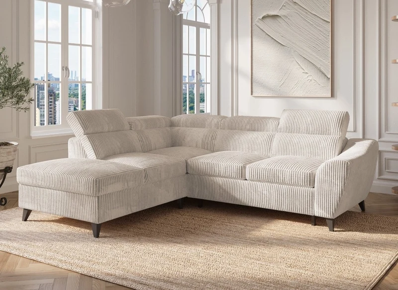 Sofá cama esquinero DALTON con almacenaje en pana gruesa color beige - Esquina izquierda
