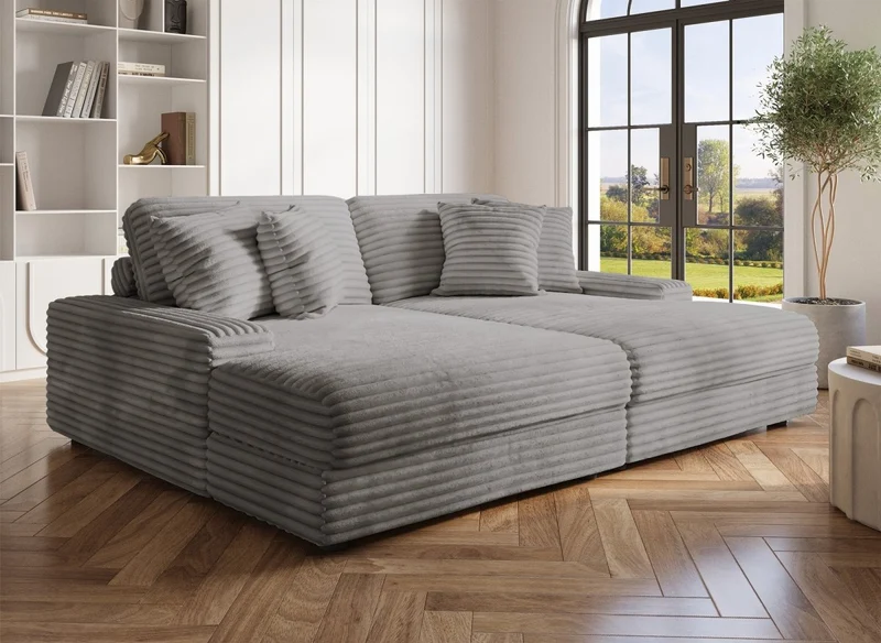 Sofá chaise longue recto de 2 plazas DAHO en tejido acanalado gris suave