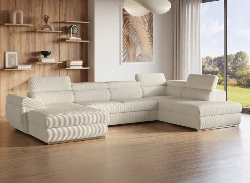 Sofá cama panorámico convertible MARIANO con almacenaje en pana gruesa color beige - Esquina izquierda