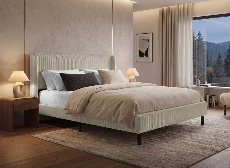 Cama doble en pana gruesa color topo 160x200cm LEVY