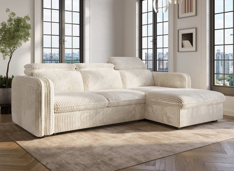 Sofá cama esquinero ISABELLA de pana gruesa color beige - Esquina derecha