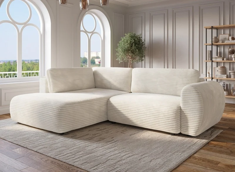 Sofá esquinero convertible TILDA con chaise longue y almacenaje en suave tejido acanalado beige - Esquina izquierda
