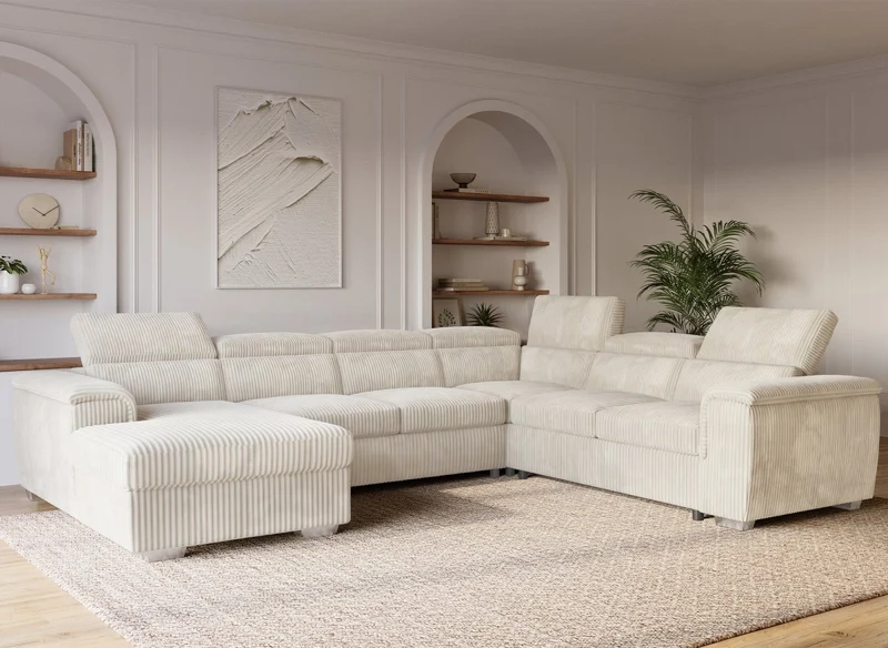 Sofá cama panorámico convertible GAELLE con almacenaje en pana gruesa color beige - Esquina izquierda