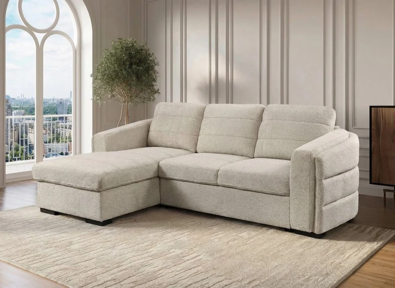 Sofá cama esquinero CALANDRA con almacenaje en tela bouclé beige - Esquina izquierda