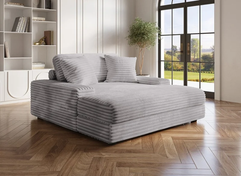 Sofá chaise longue recto de 1 plaza DAHO en terciopelo gris de cenefa ancha
