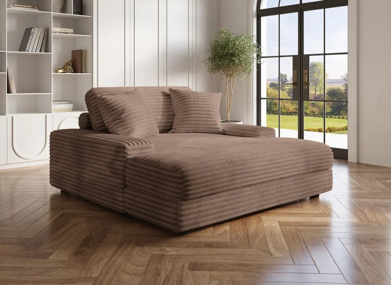 Sofá chaise longue recto de 1 plaza DAHO en tejido acanalado color topo suave