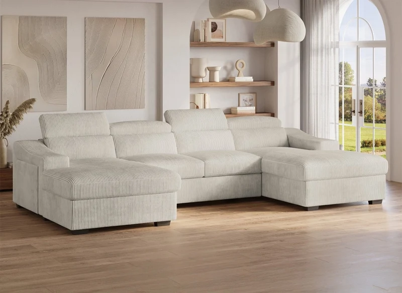 Sofá panorámico convertible VELORA con 2 compartimentos de almacenamiento en pana gruesa color beige.