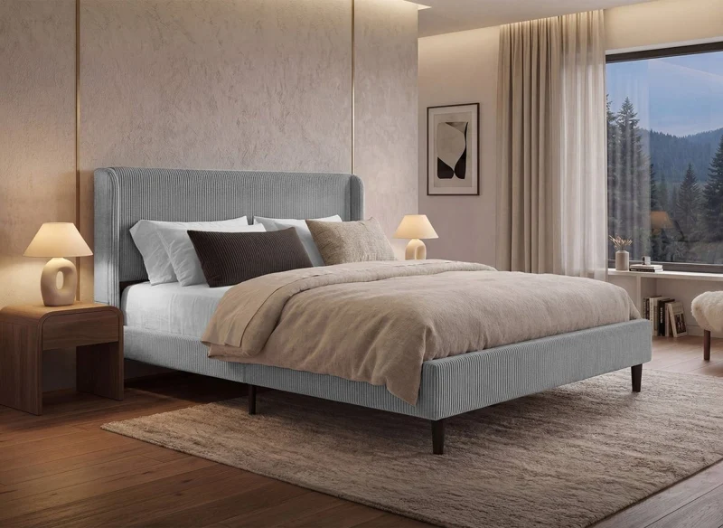 Cama doble LEVY en pana gruesa gris claro de 160x200 cm