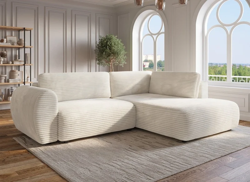 Sofá esquinero convertible TILDA con chaise longue y almacenaje en suave tejido acanalado beige - Esquinero derecho