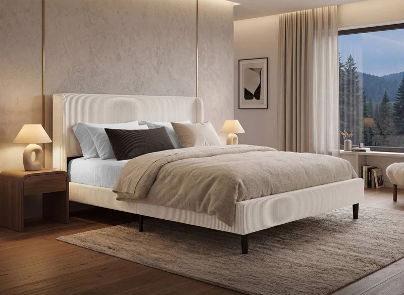 Cama doble de pana gruesa color beige 160x200cm LEVY