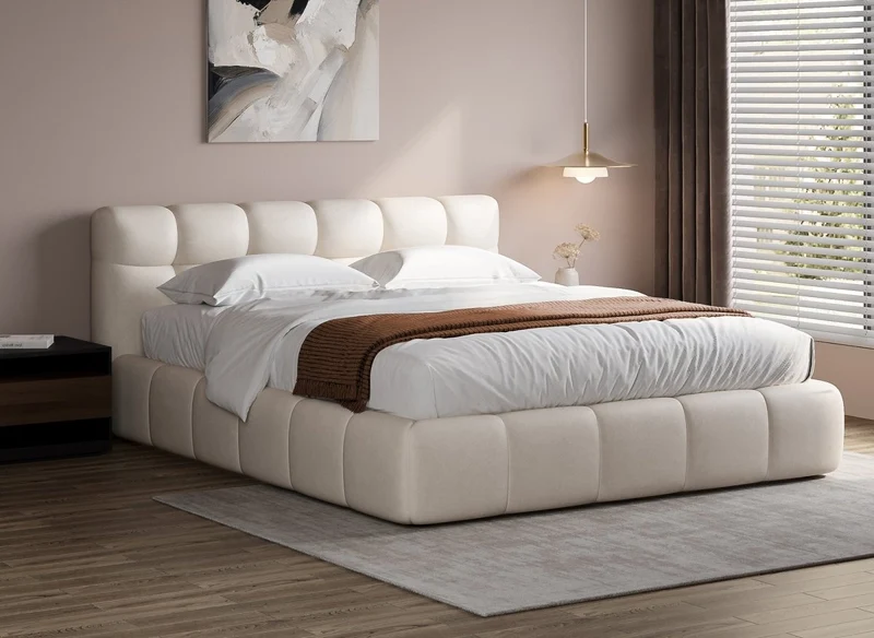 Cama con almacenaje GEORGINA de terciopelo beige 160x200 cm