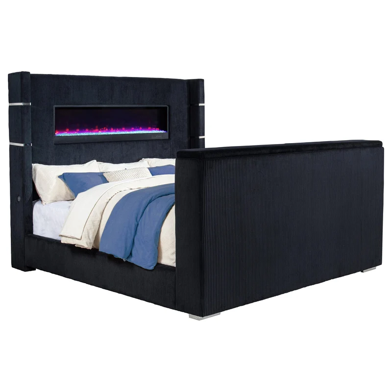 Coaster Furniture Tisdall 315868BLKKE Eastern King Flame Visualizer Wingback TV Bed - Black