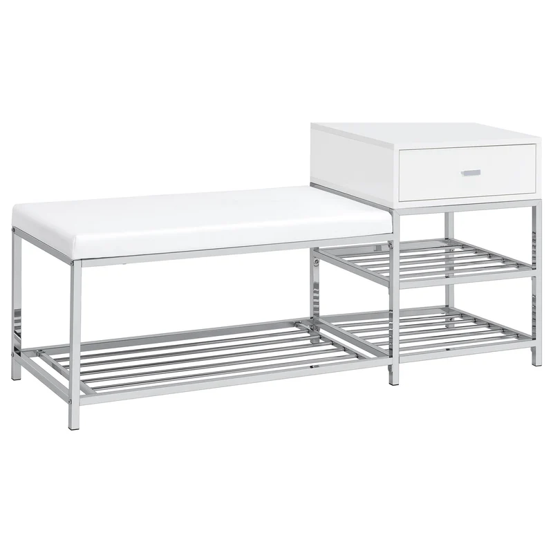 Coaster Furniture Siega 910223 1-Drawer Shoe Storage Entryway Bench - White High Gloss/Chrome