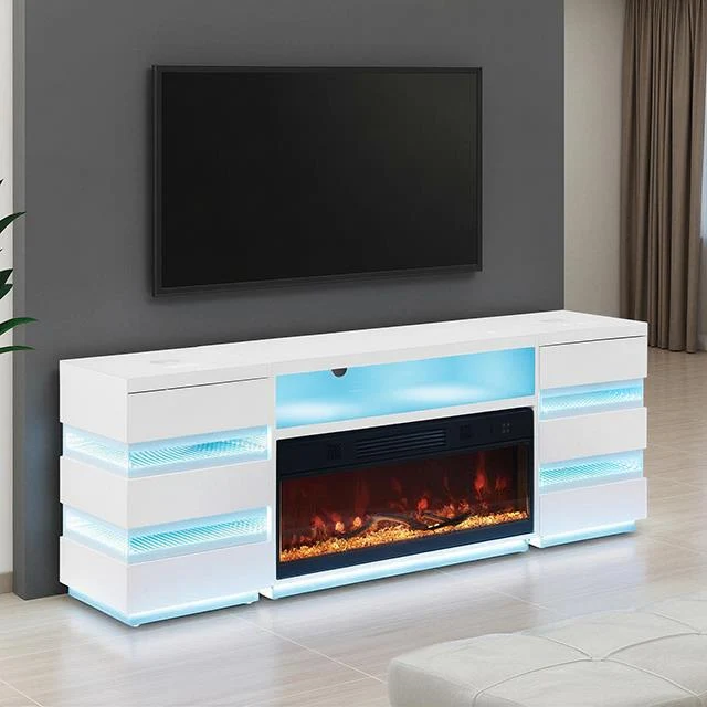 Furniture of America Terni FM-AC8024WH-TV-SET TV Stand with Fireplace & 2 Side Tables