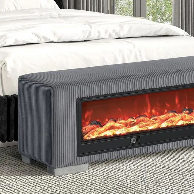 Furniture of America Elnath FM-BN6001GY Bench with Visual Wood Log Fireplace