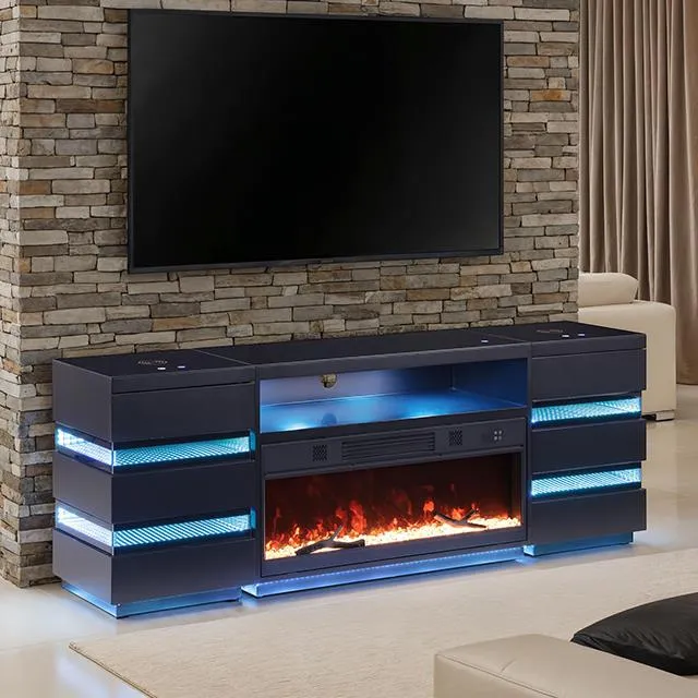 Furniture of America Terni FM-AC8024BK-TV-SET TV Stand with Fireplace & 2 Side Tables
