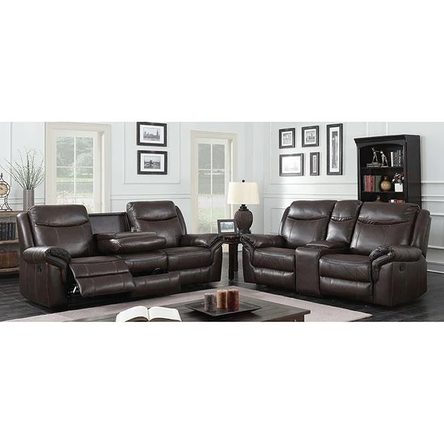 Furniture of America Chenai Reclining Leatherette Loveseat with Console CM6297-LV-VN