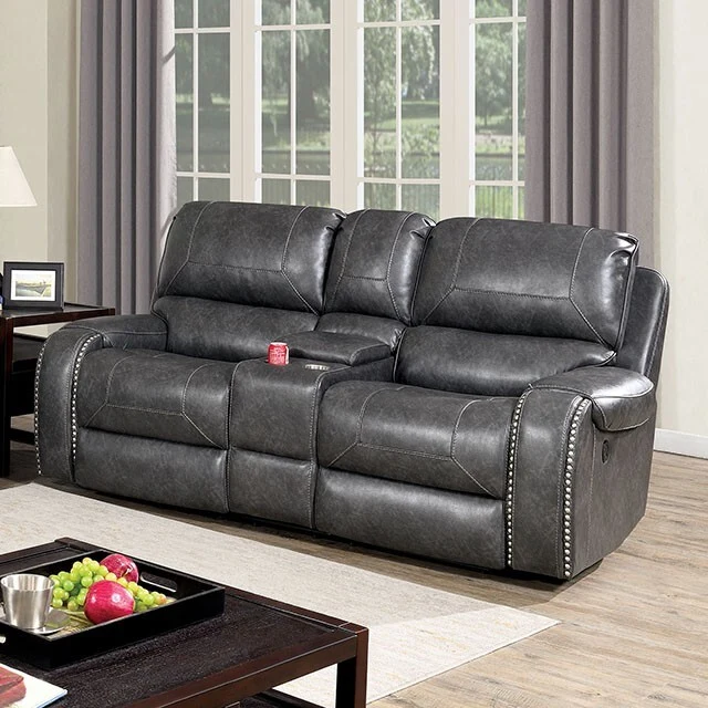 Furniture of America Walter Reclining Leather Look Loveseat with Console CM6950GY-LV