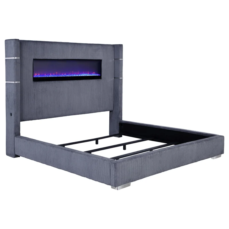 Coaster Furniture Tisdall 306030KE Upholstered Eastern King Flame Visualizer Bed - Grey