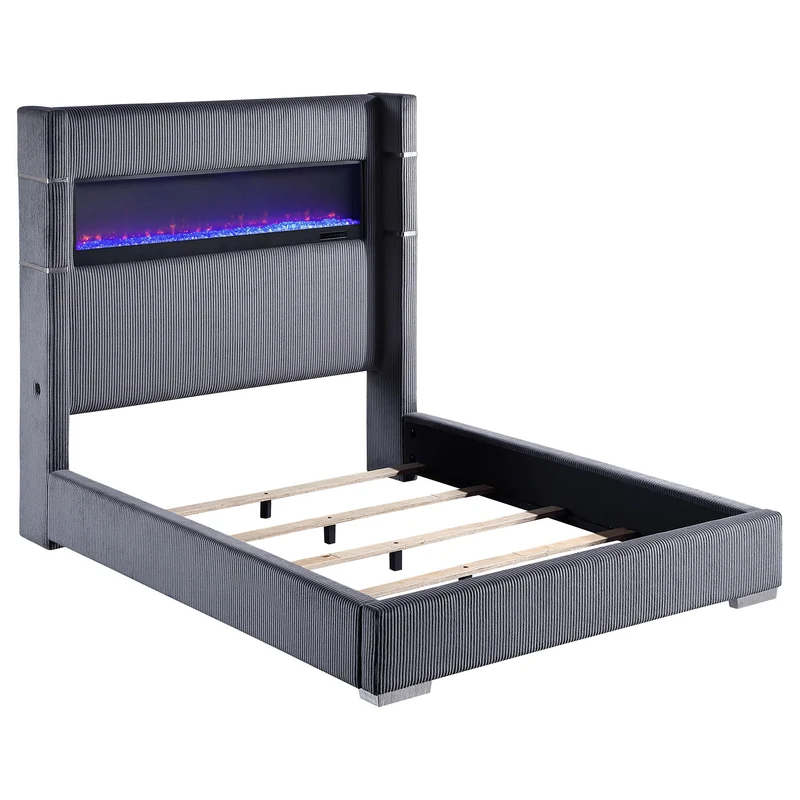 Coaster Furniture Tisdall 306030Q Upholstered Queen Flame Visualizer Bed - Grey