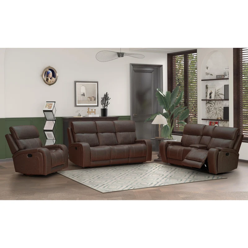 Behold Home 7552-27 Manual Console Loveseat w Popout Cup Holders - Newport Walnut
